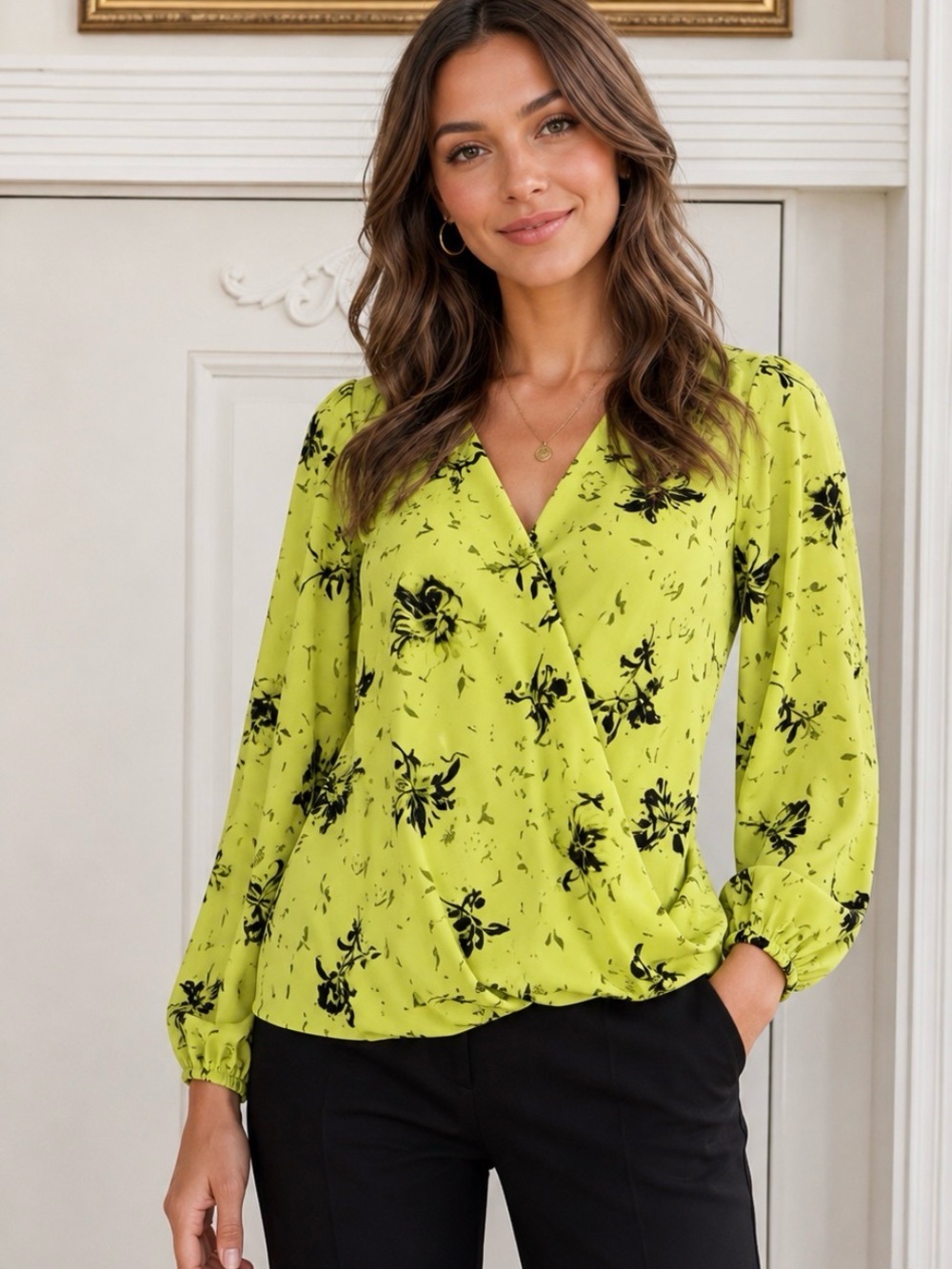 Women's Lime Neon Green Floral Wrap Blouse
